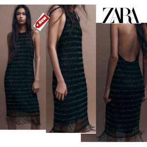Zara Festive days limited collection black silver beaded fringe midi dress L NWT